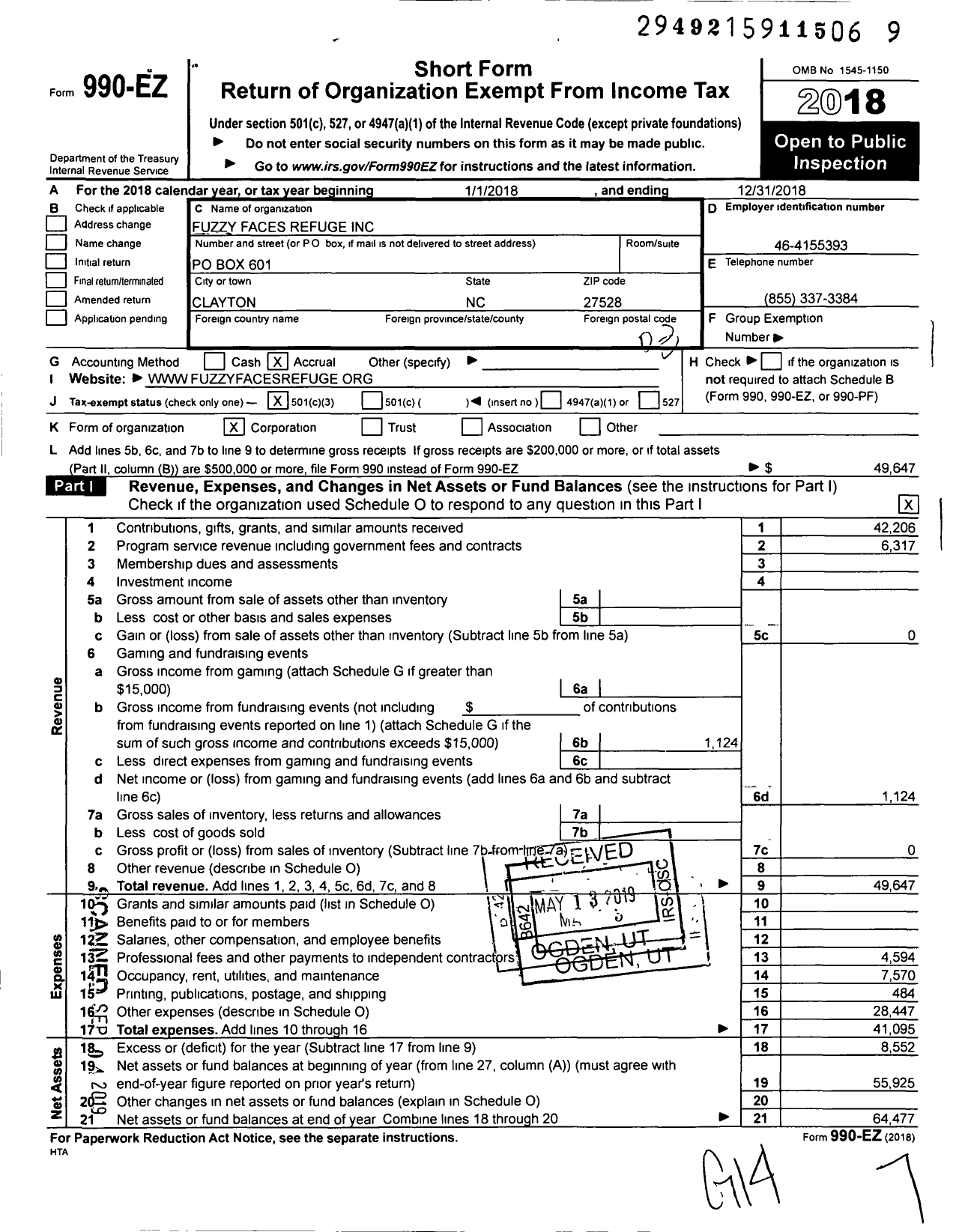 Image of first page of 2018 Form 990EZ for Fuzzy Faces Refuge