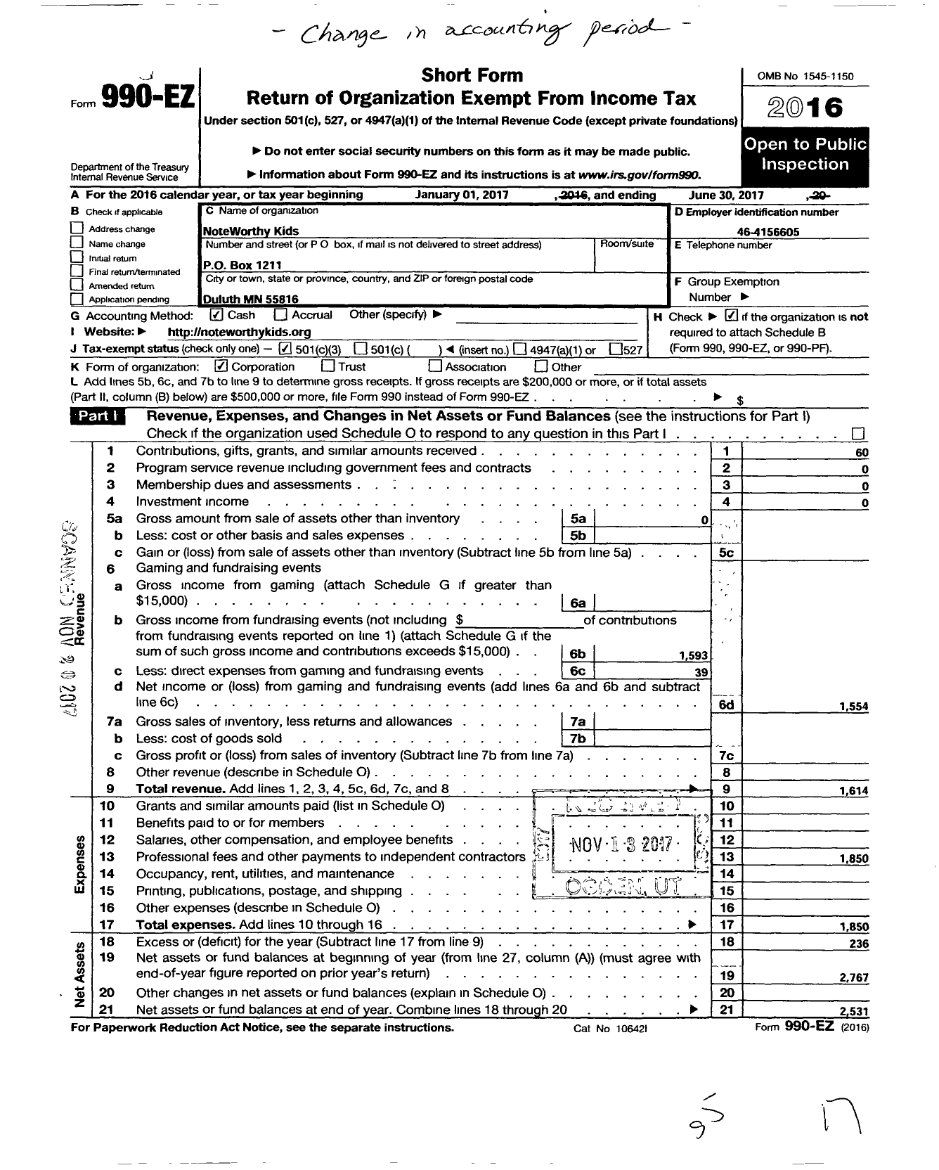 Image of first page of 2016 Form 990EZ for Noteworthy Kids