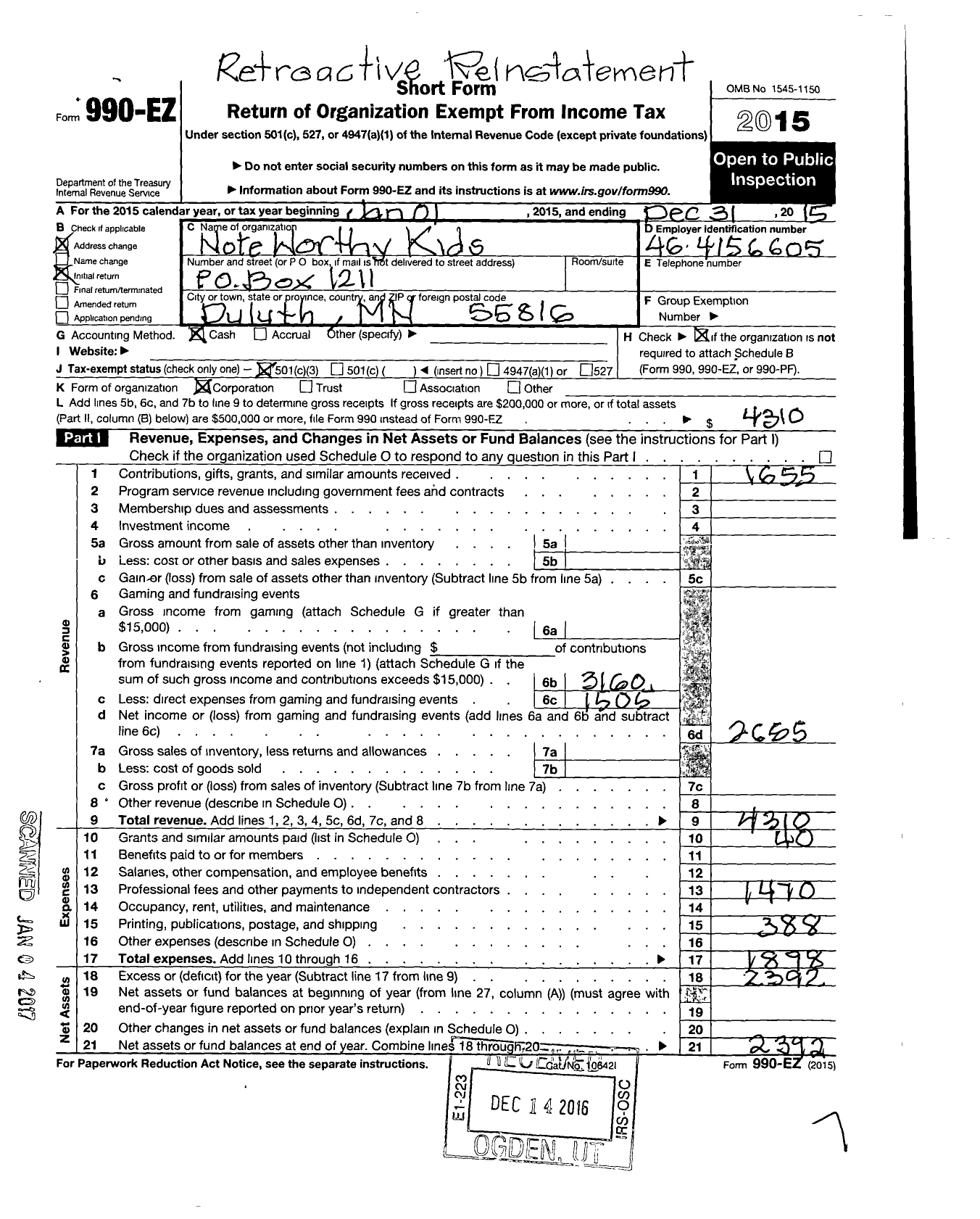 Image of first page of 2015 Form 990EZ for Noteworthy Kids