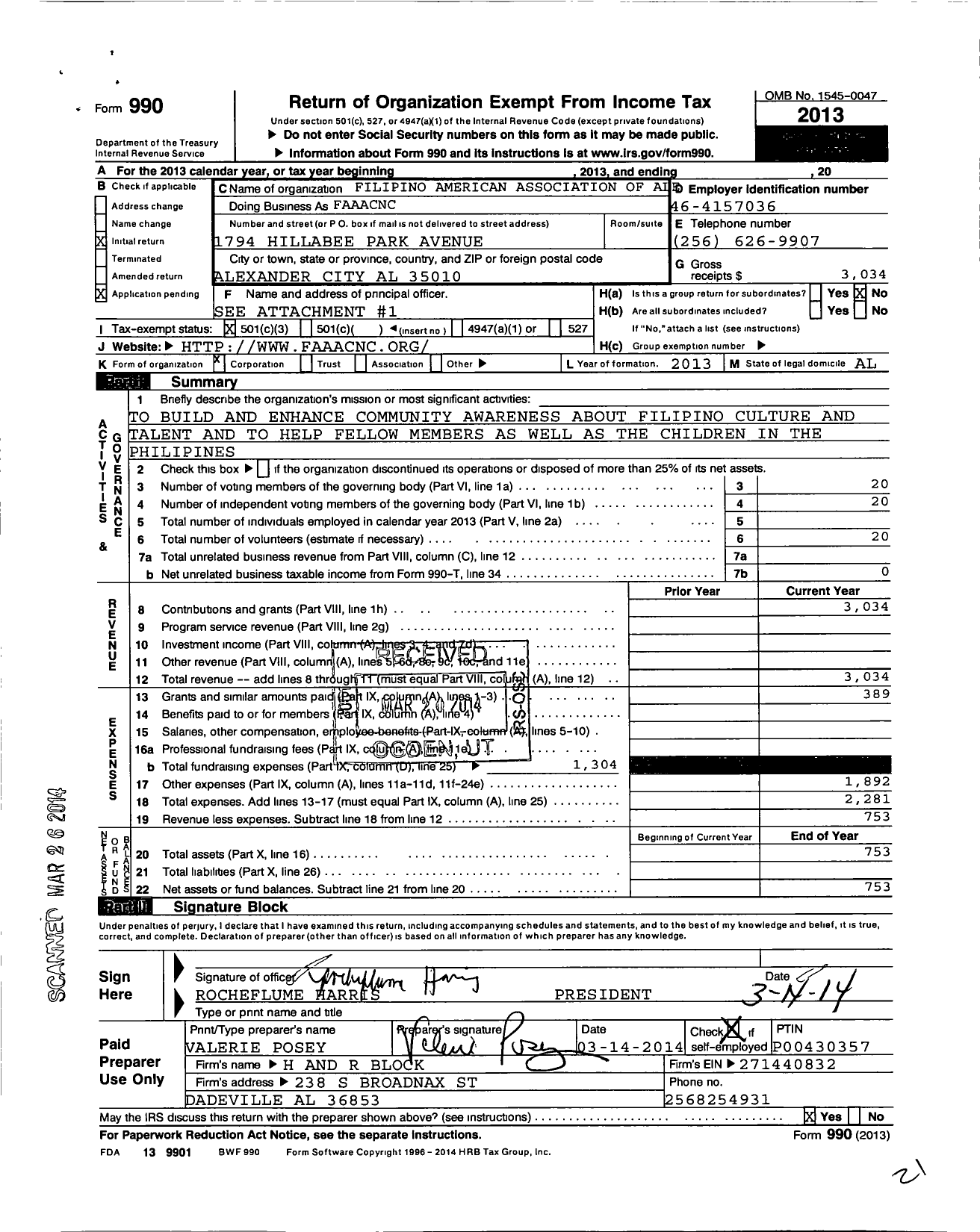 Image of first page of 2013 Form 990 for Filipino American Association of Alexander City and Neighboring Cou