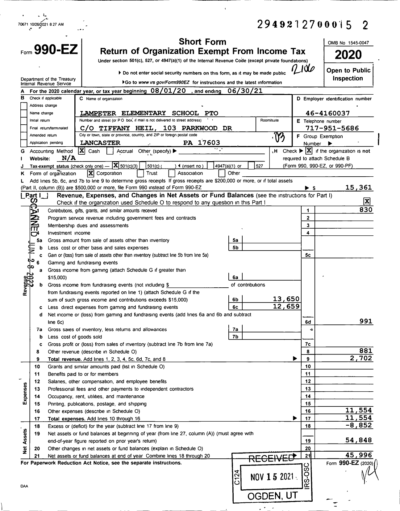 Image of first page of 2020 Form 990EZ for Lampeter Elementary School Pto