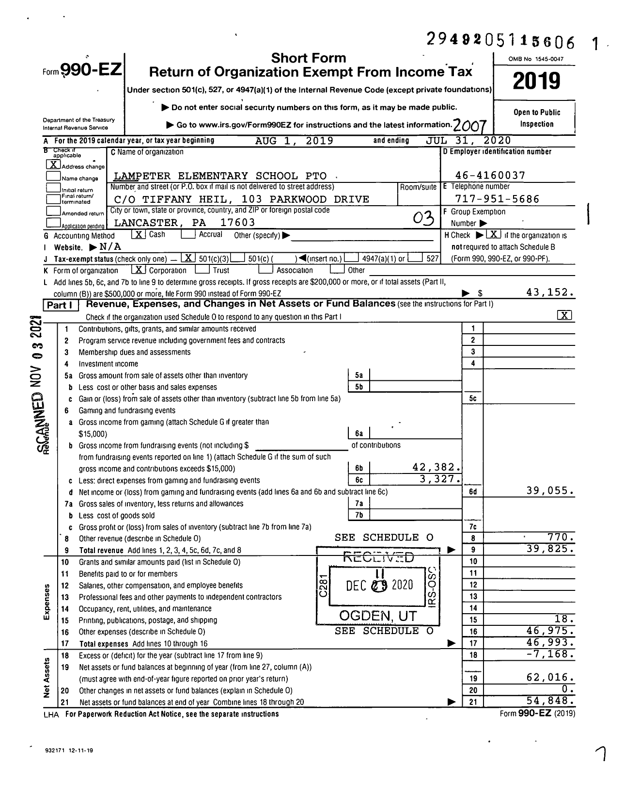 Image of first page of 2019 Form 990EZ for Lampeter Elementary School Pto