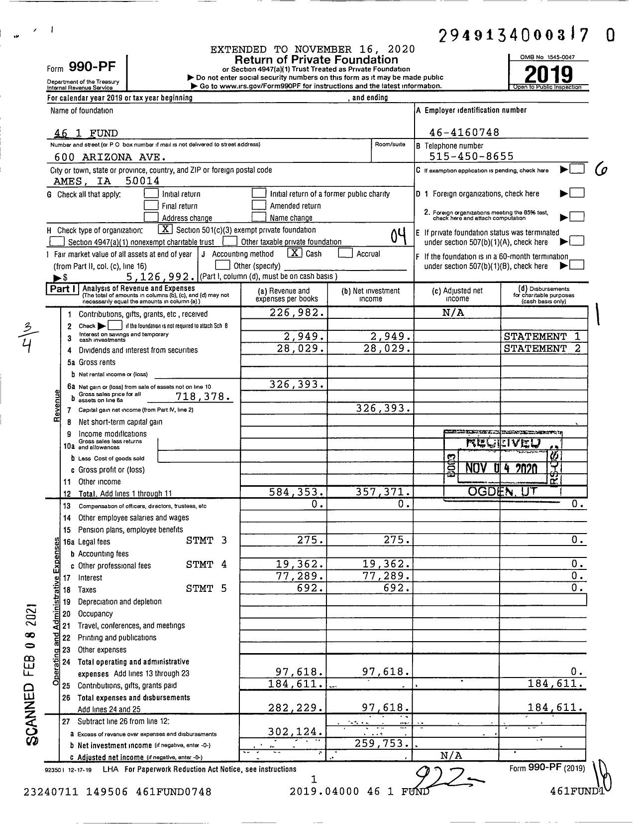 Image of first page of 2019 Form 990PF for 46 1 Fund