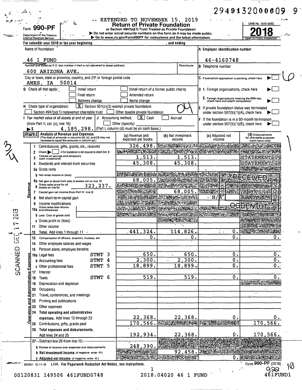 Image of first page of 2018 Form 990PF for 46 1 Fund