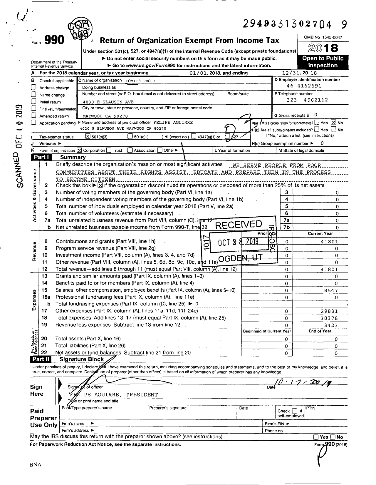 Image of first page of 2018 Form 990 for Comite Pro 1