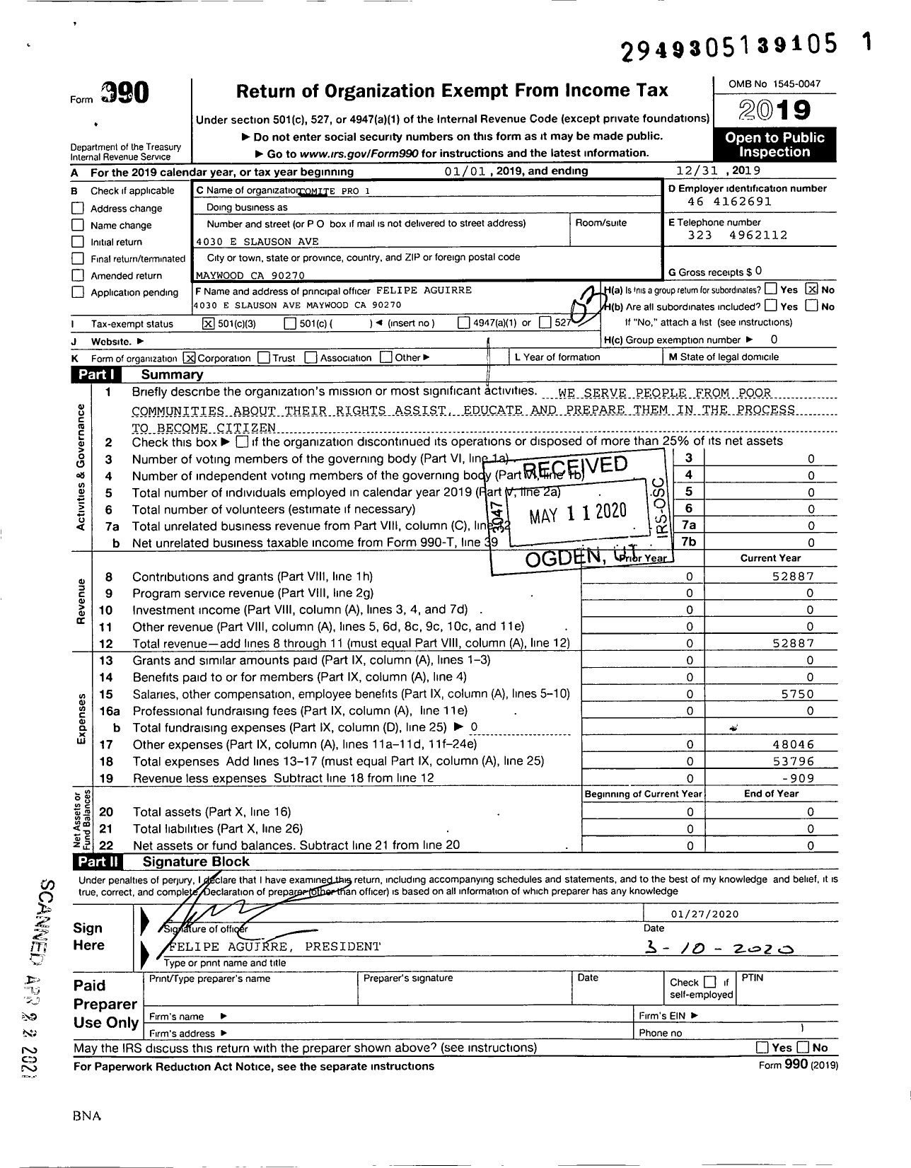 Image of first page of 2019 Form 990 for Comite Pro 1