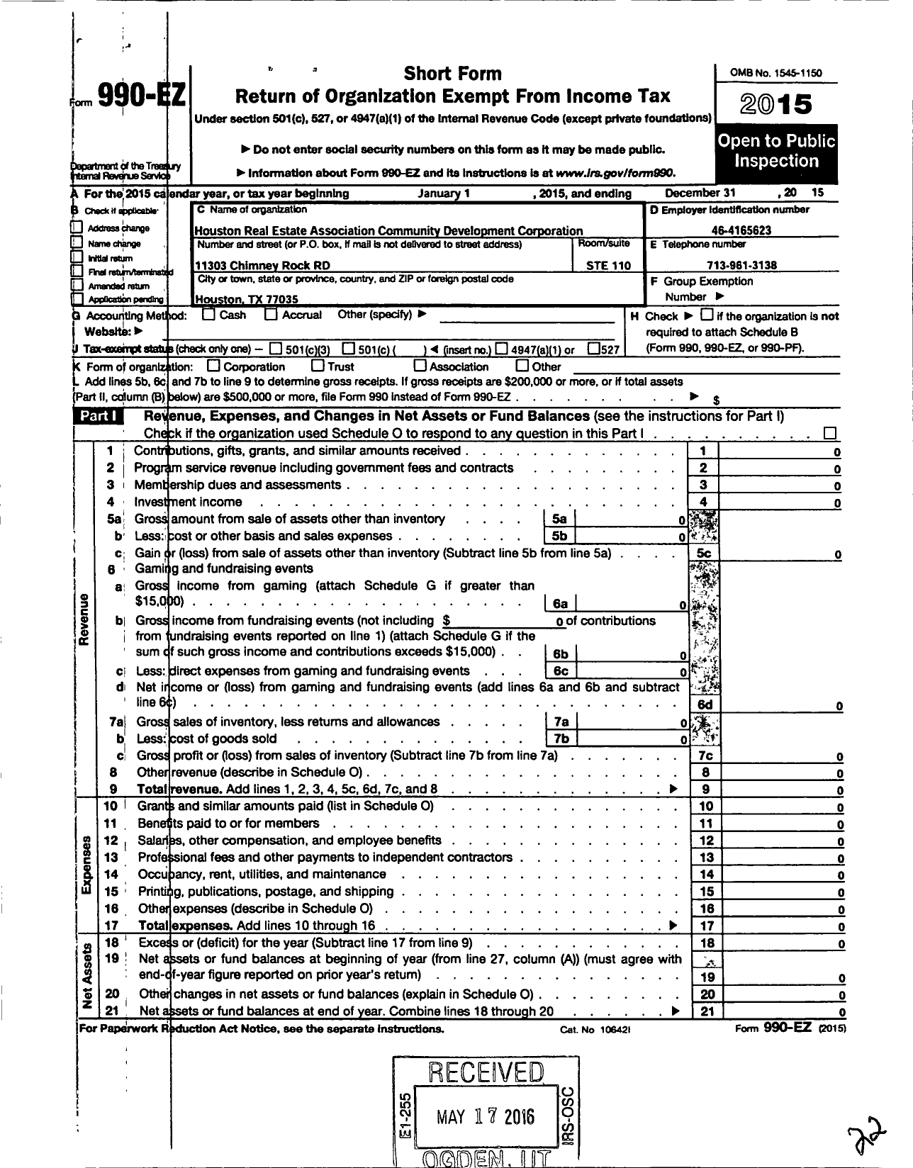 Image of first page of 2015 Form 990EO for Houston Real Estate Association Community Development Corporation