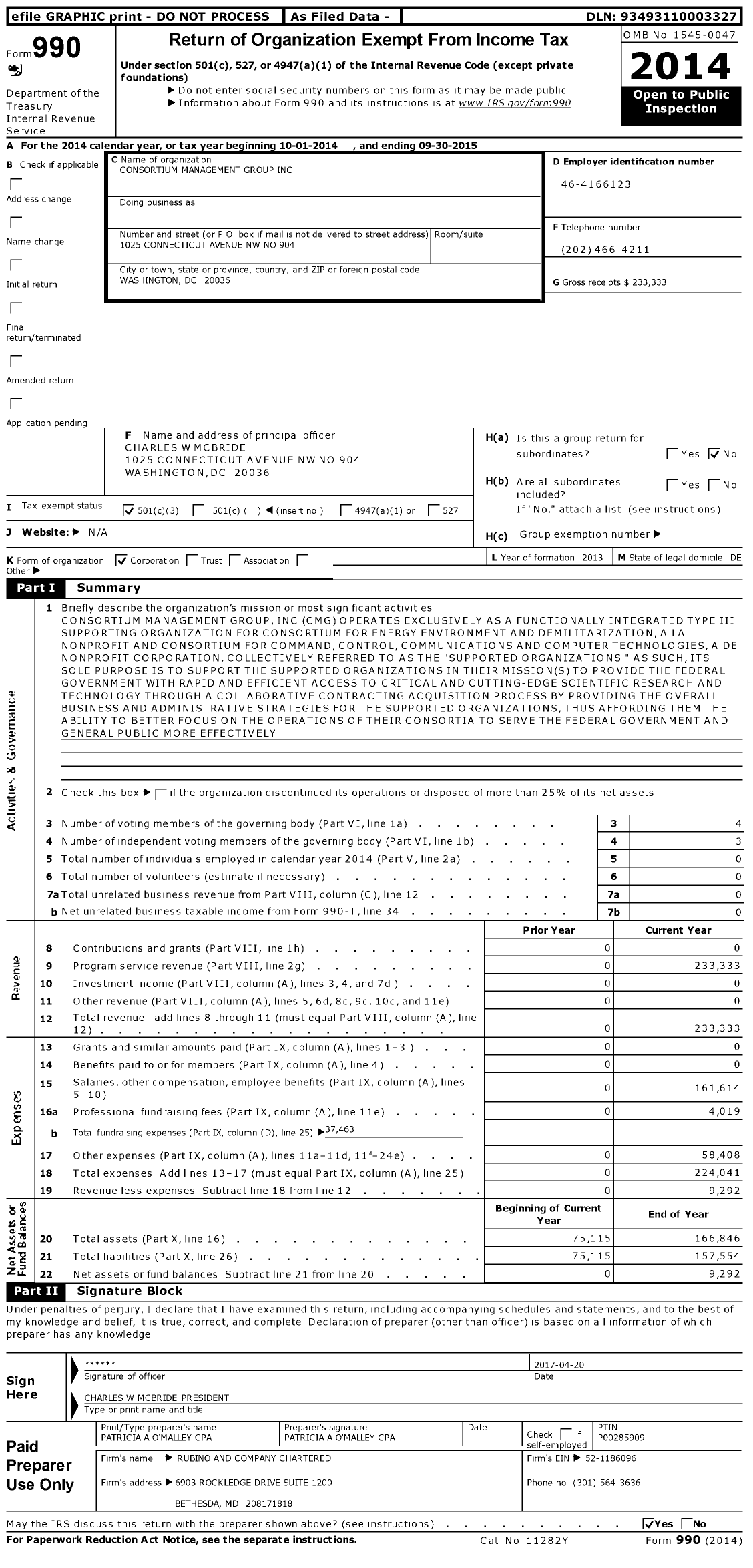 Image of first page of 2014 Form 990 for Consortium Management Group