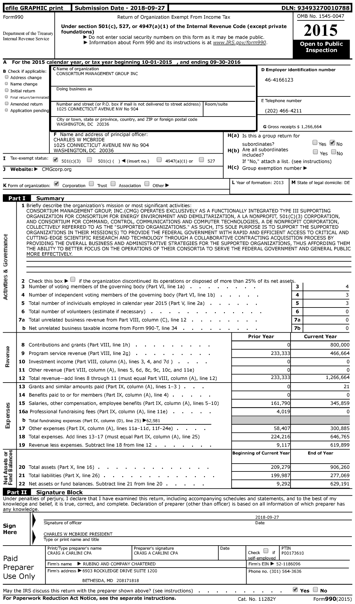 Image of first page of 2015 Form 990 for Consortium Management Group