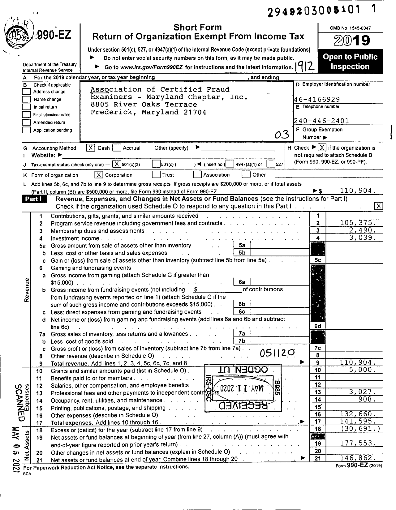 Image of first page of 2019 Form 990EZ for Association of Certified Fraud Examiners