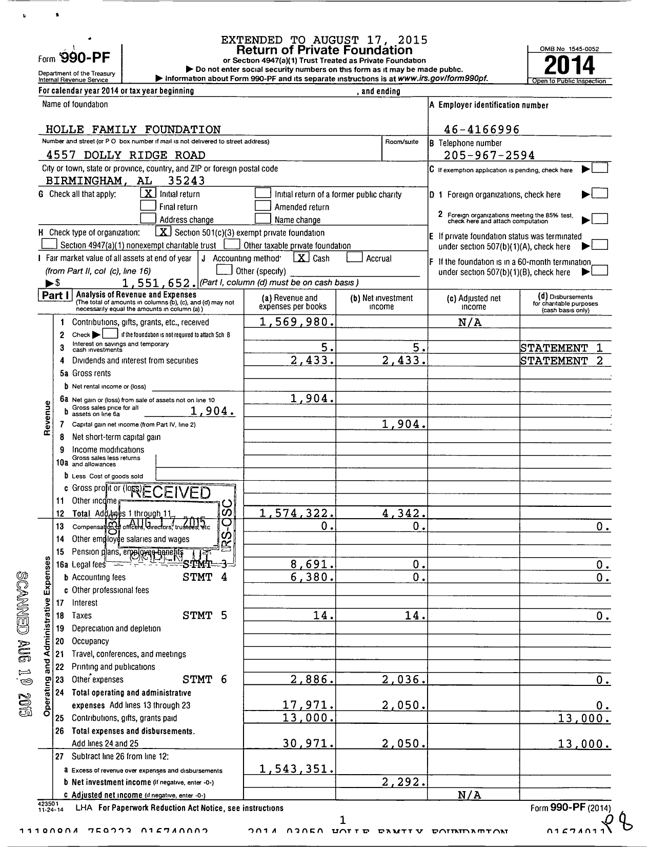 Image of first page of 2014 Form 990PF for Holle Family Foundation