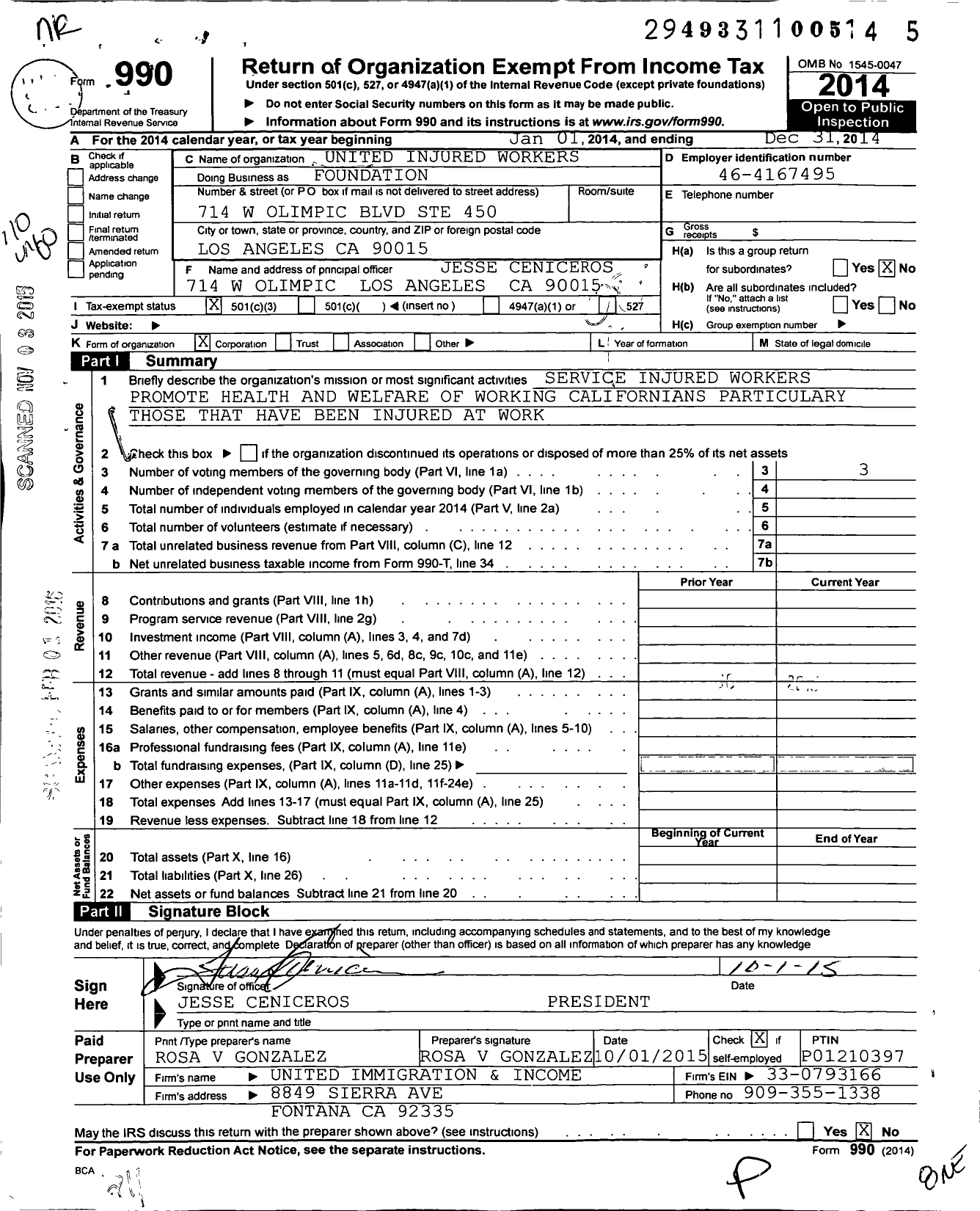 Image of first page of 2014 Form 990 for United Injured Workers Foundation