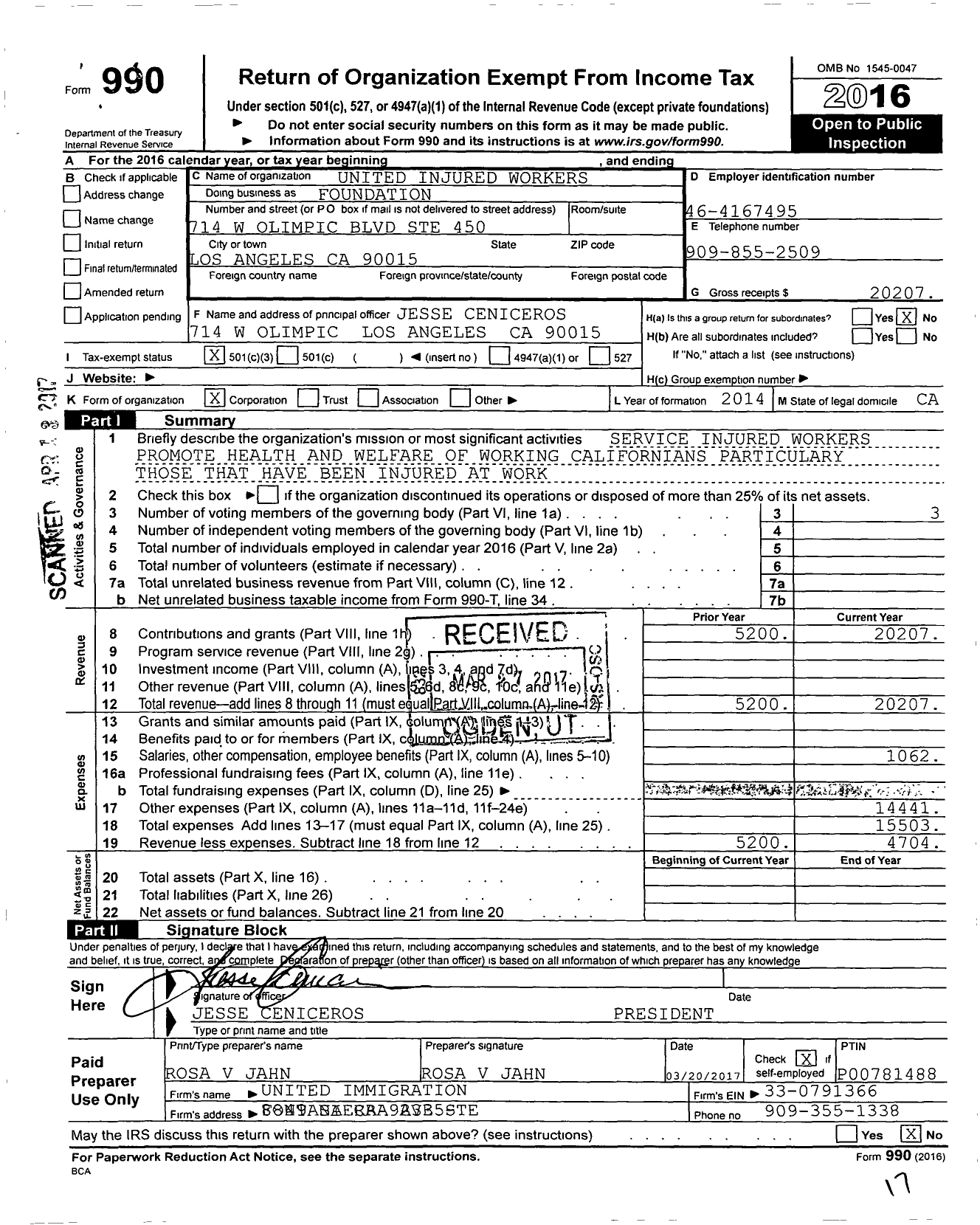 Image of first page of 2016 Form 990 for United Injured Workers Foundation