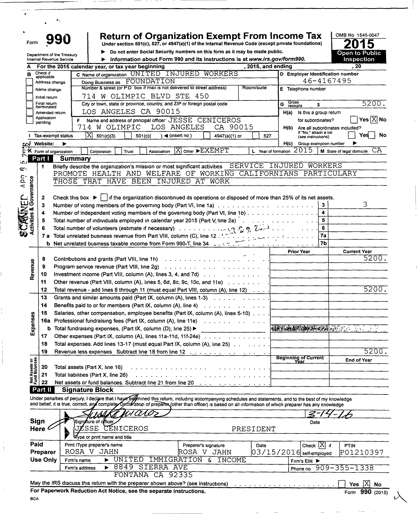 Image of first page of 2015 Form 990 for United Injured Workers Foundation