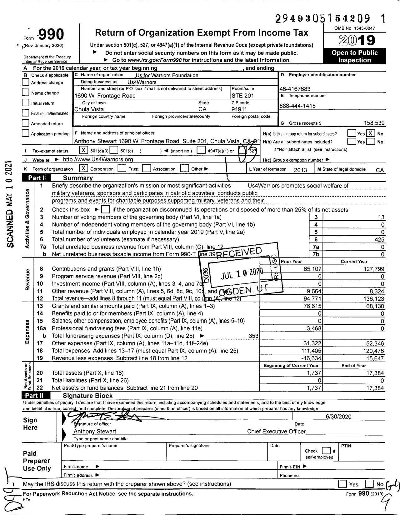 Image of first page of 2019 Form 990 for Us4Warriors