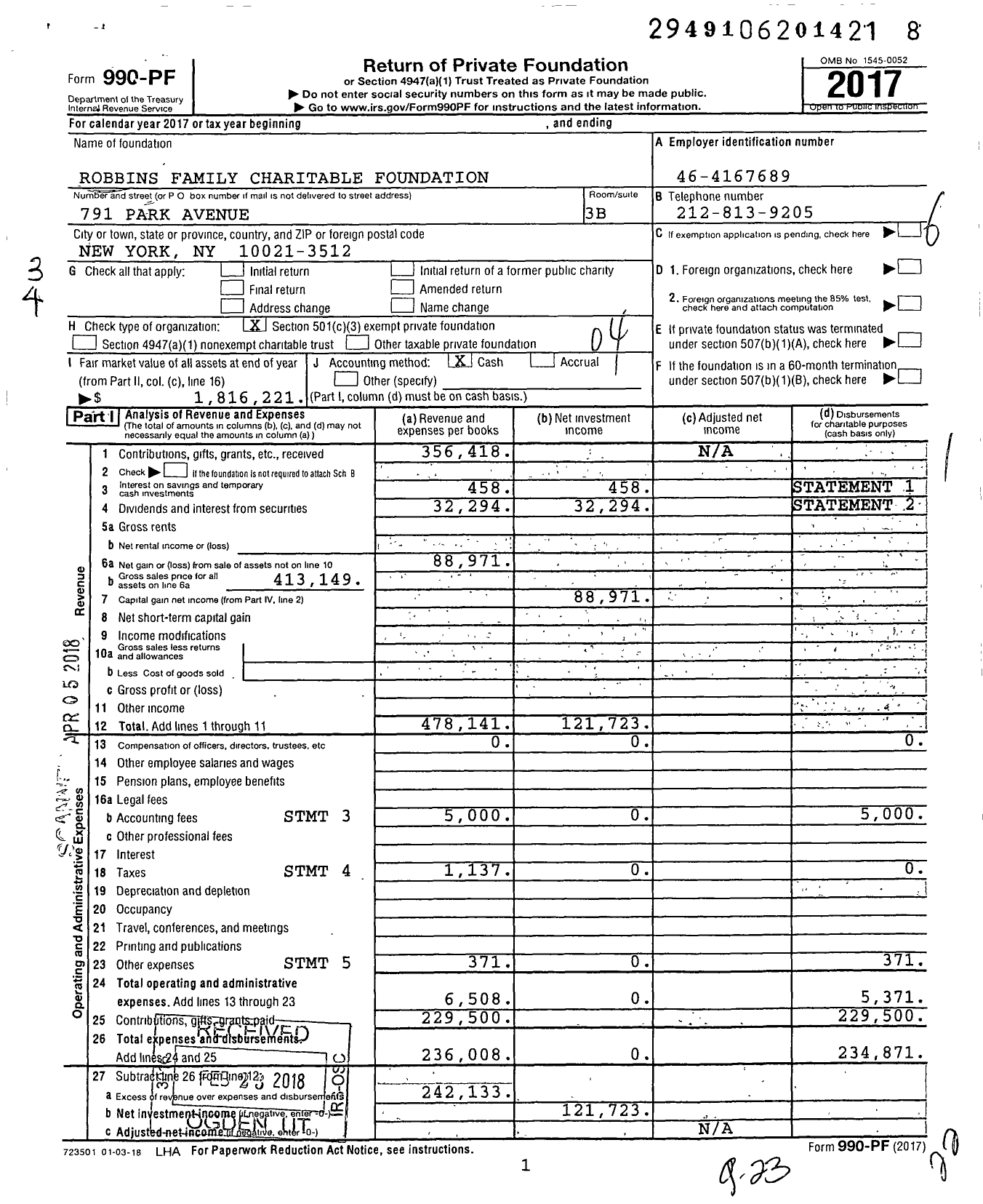 Image of first page of 2017 Form 990PF for Robbins Family Charitable Foundation