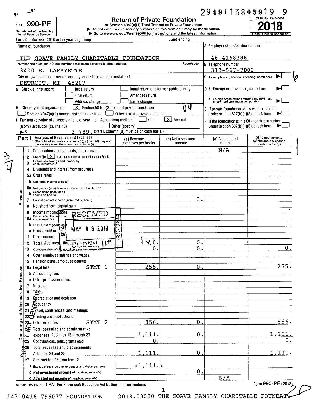 Image of first page of 2018 Form 990PF for Soave Foundation Michigan Ag File Number CS / CT 51750