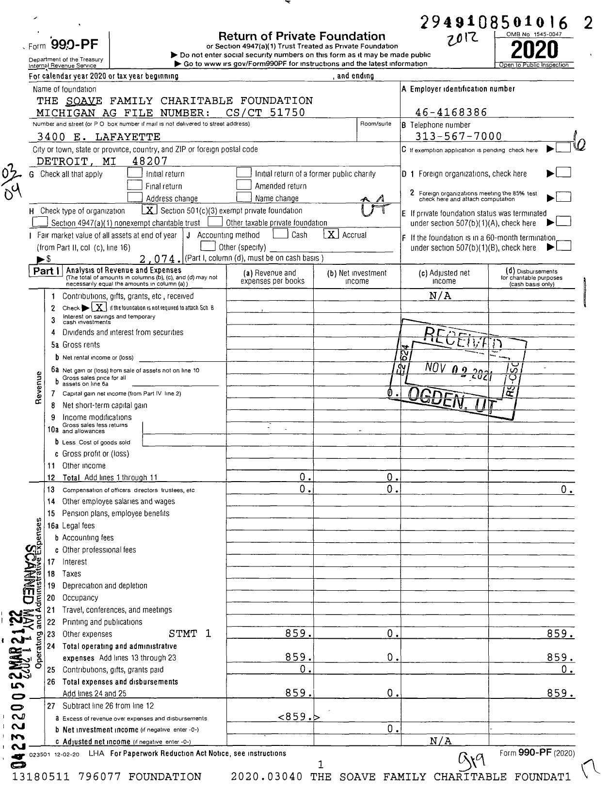 Image of first page of 2020 Form 990PF for Soave Foundation Michigan Ag File Number CS / CT 51750