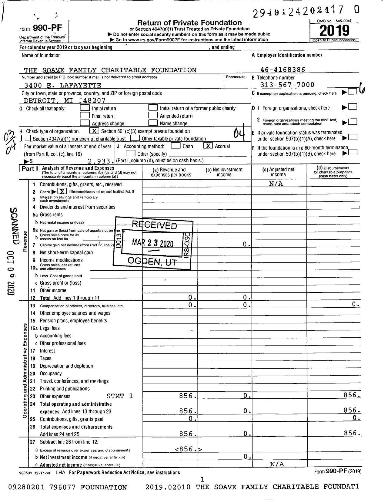 Image of first page of 2019 Form 990PR for Soave Foundation Michigan Ag File Number CS / CT 51750