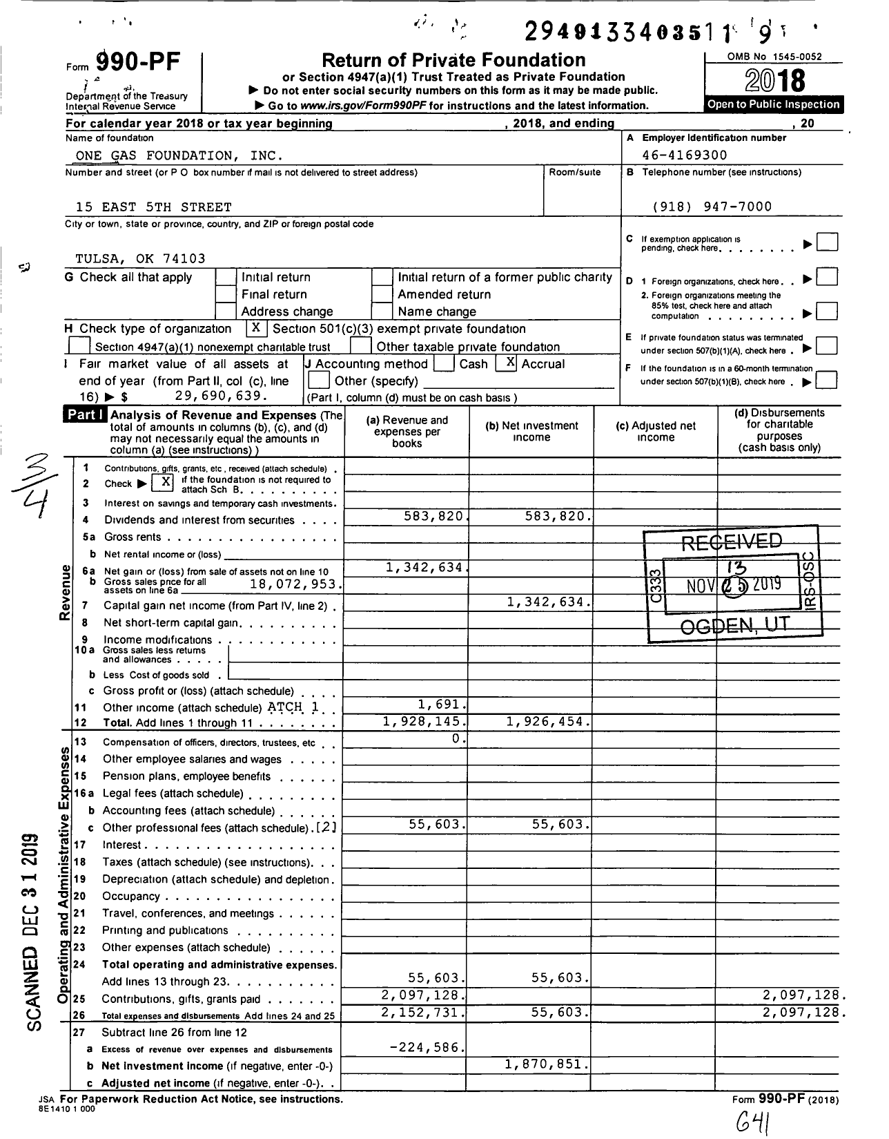 Image of first page of 2018 Form 990PF for One Gas Foundation