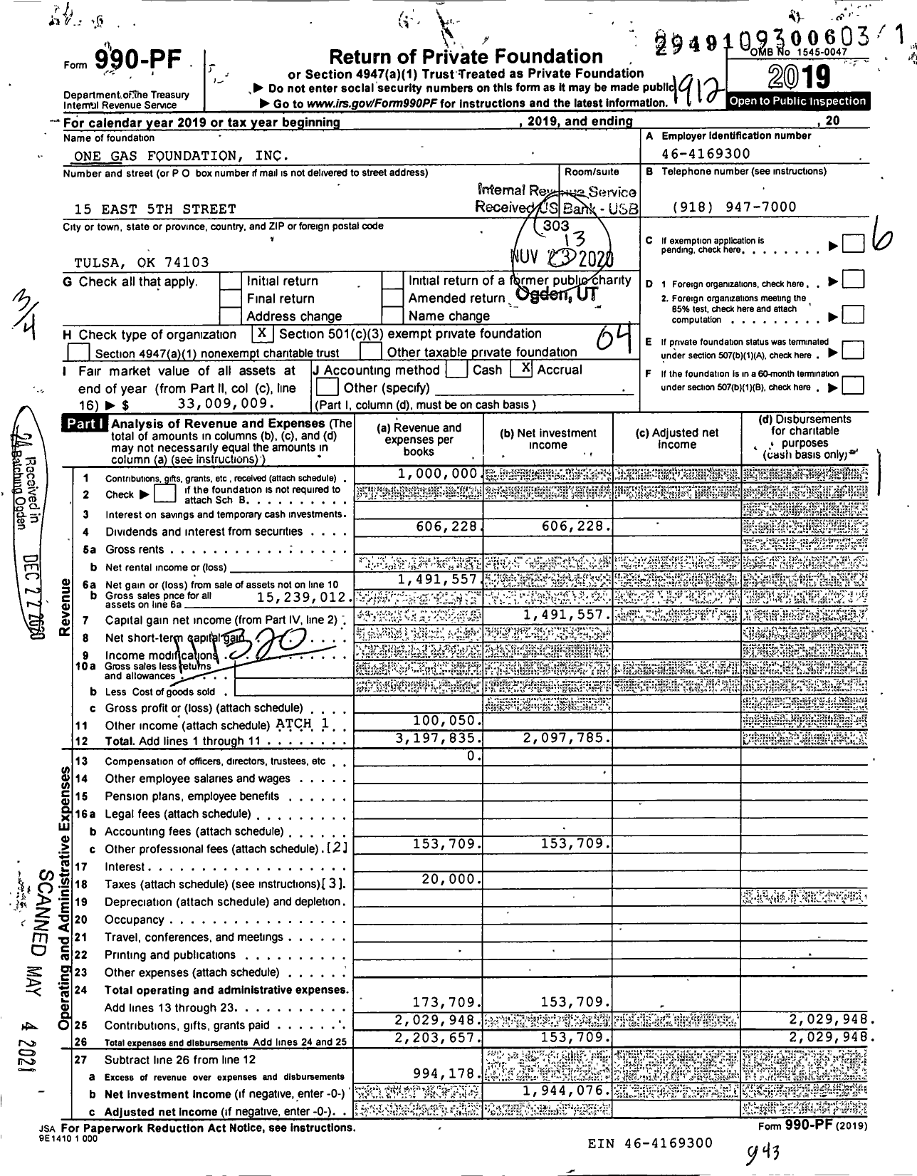Image of first page of 2019 Form 990PF for One Gas Foundation