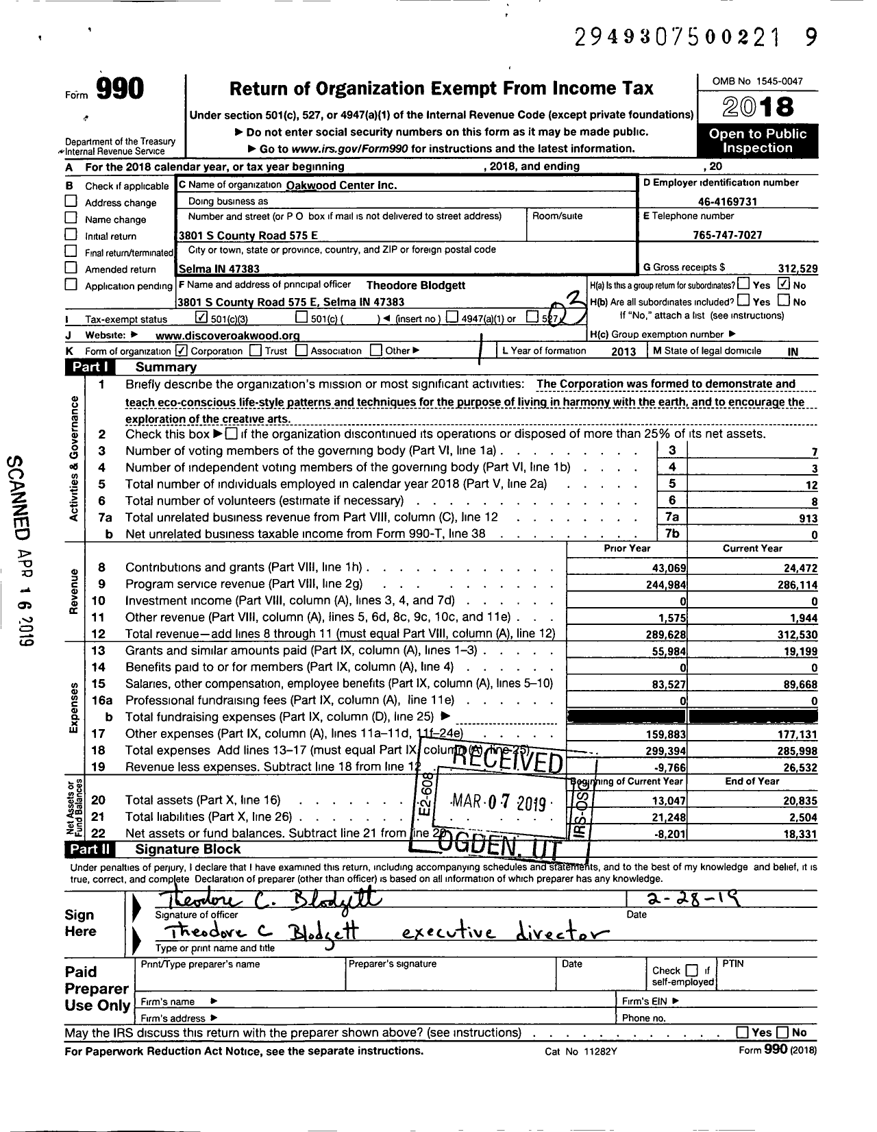 Image of first page of 2018 Form 990 for Oakwood Center