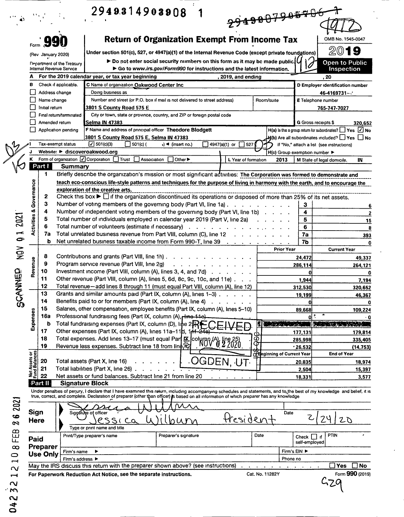 Image of first page of 2019 Form 990 for Oakwood Center