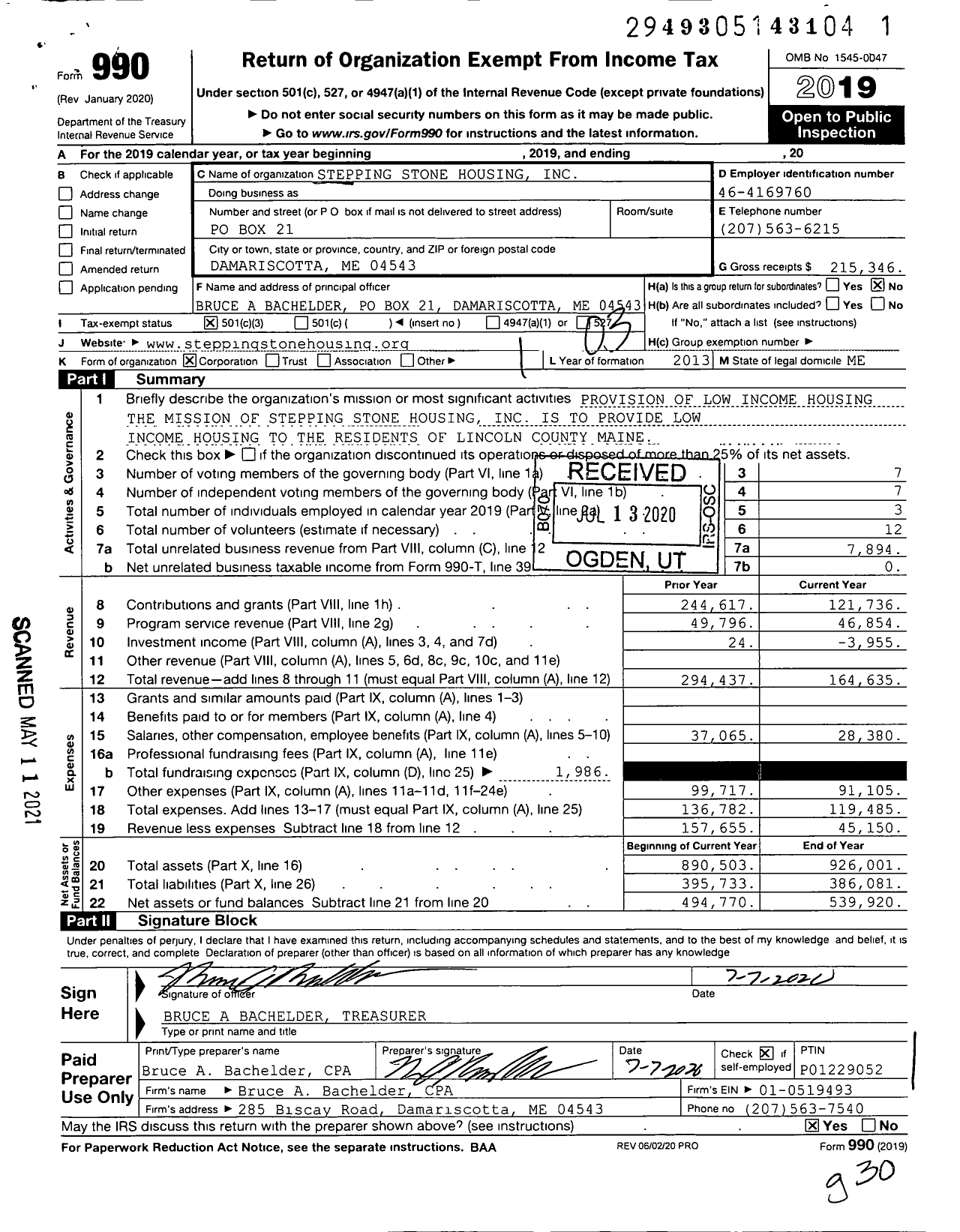 Image of first page of 2019 Form 990 for Stepping Stone Housing