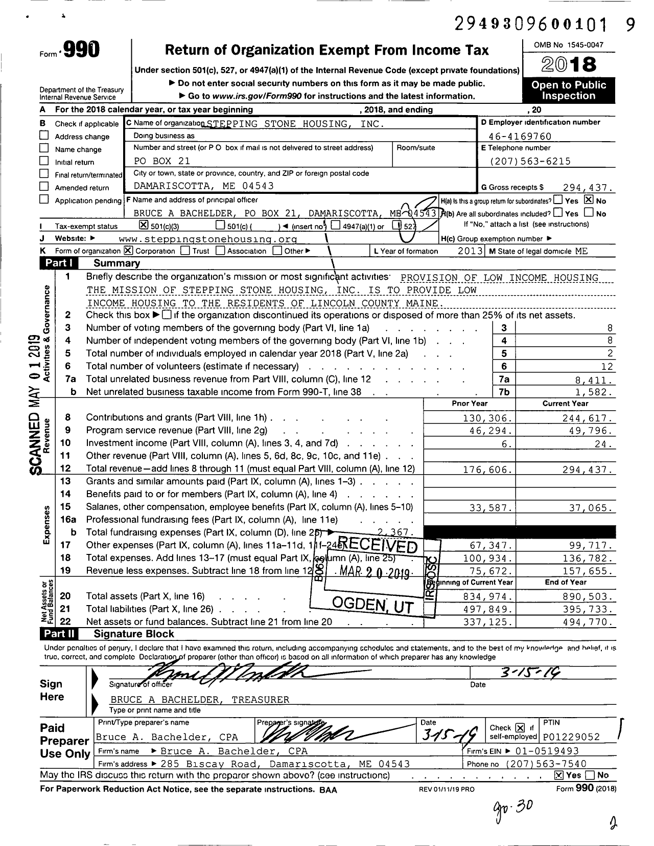 Image of first page of 2018 Form 990 for Stepping Stone Housing