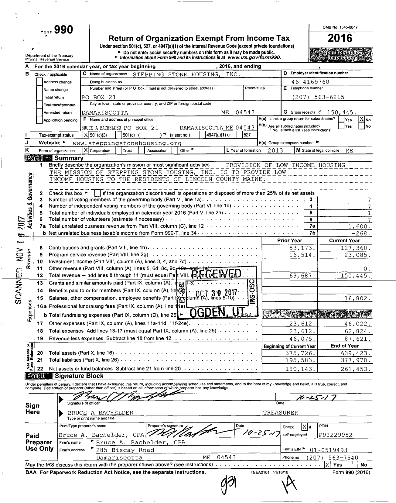 Image of first page of 2016 Form 990 for Stepping Stone Housing