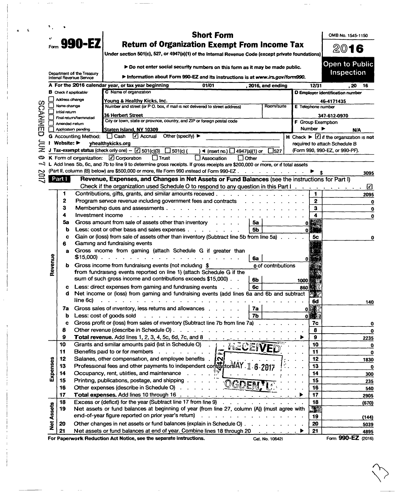 Image of first page of 2016 Form 990EZ for Young and Healthy Kicks