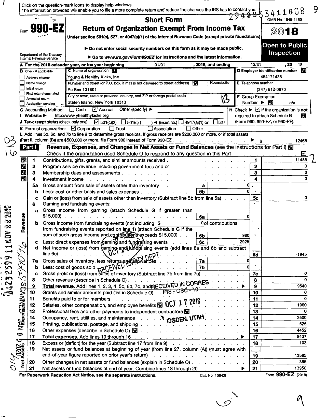 Image of first page of 2018 Form 990EZ for Young and Healthy Kicks