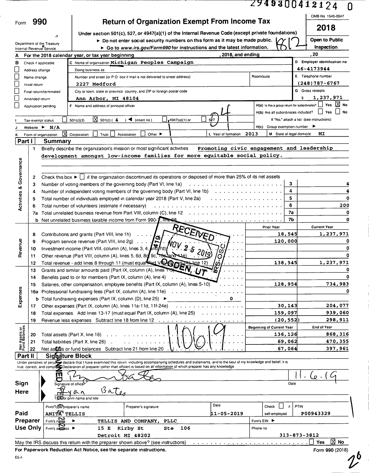 Image of first page of 2018 Form 990O for Michigan Peoples Campaign