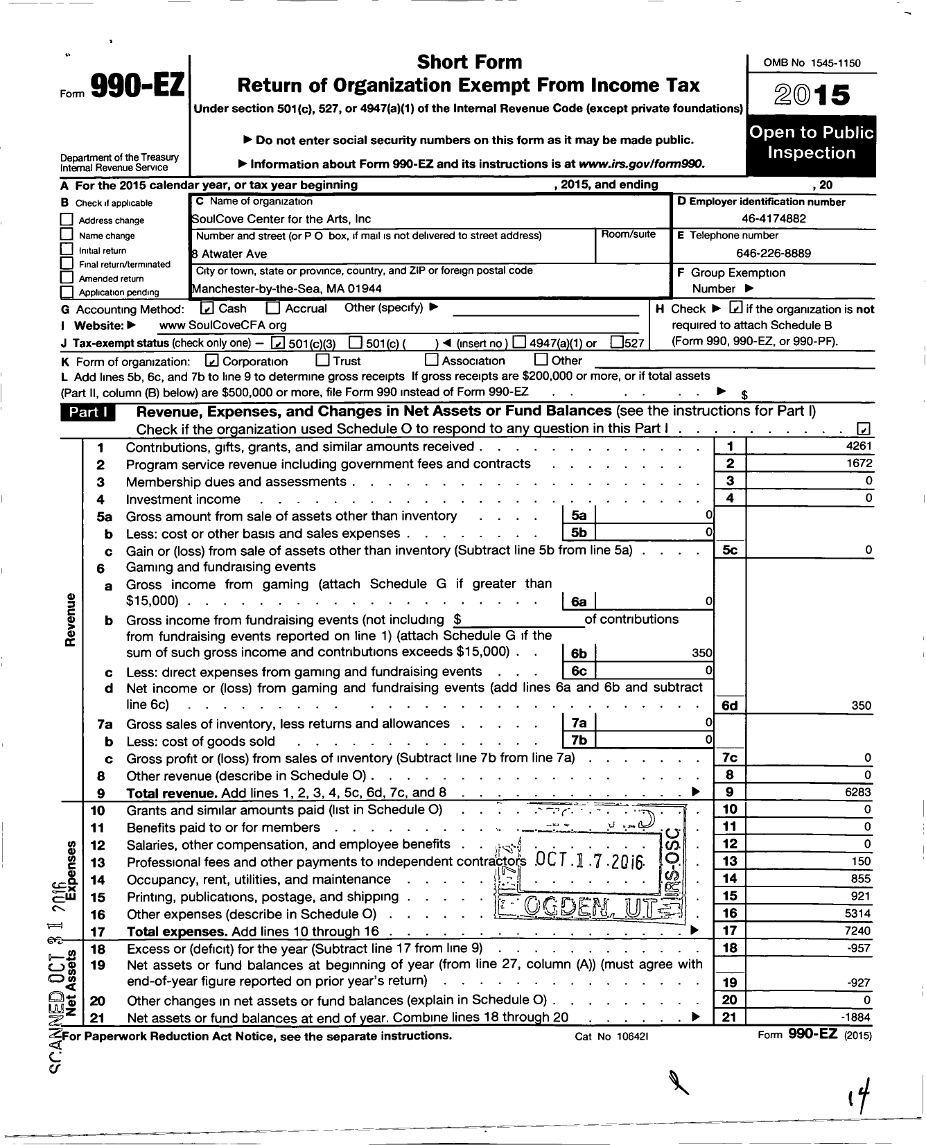 Image of first page of 2015 Form 990EZ for Soulcove Center for the Arts