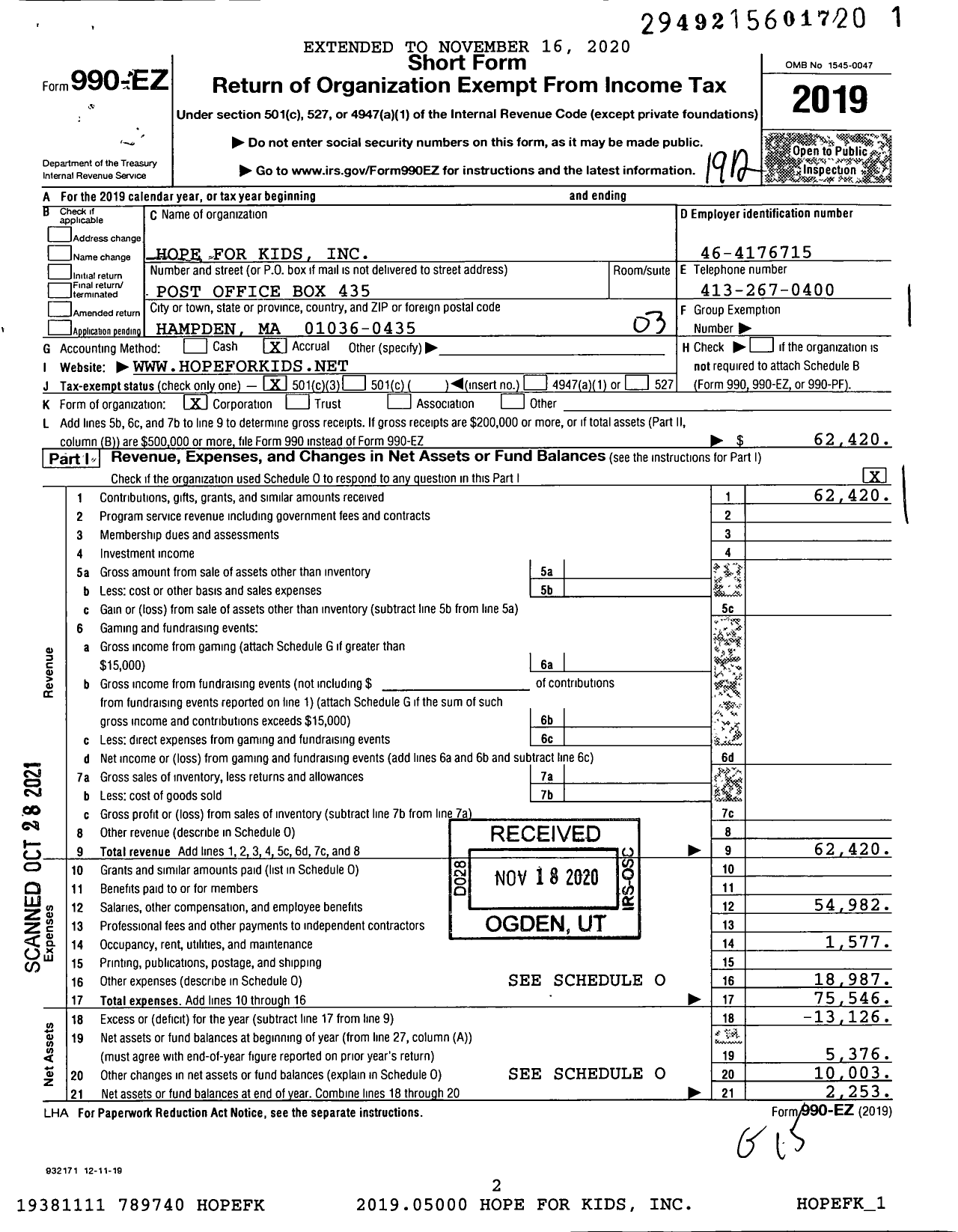 Image of first page of 2019 Form 990EZ for Hope for Kids