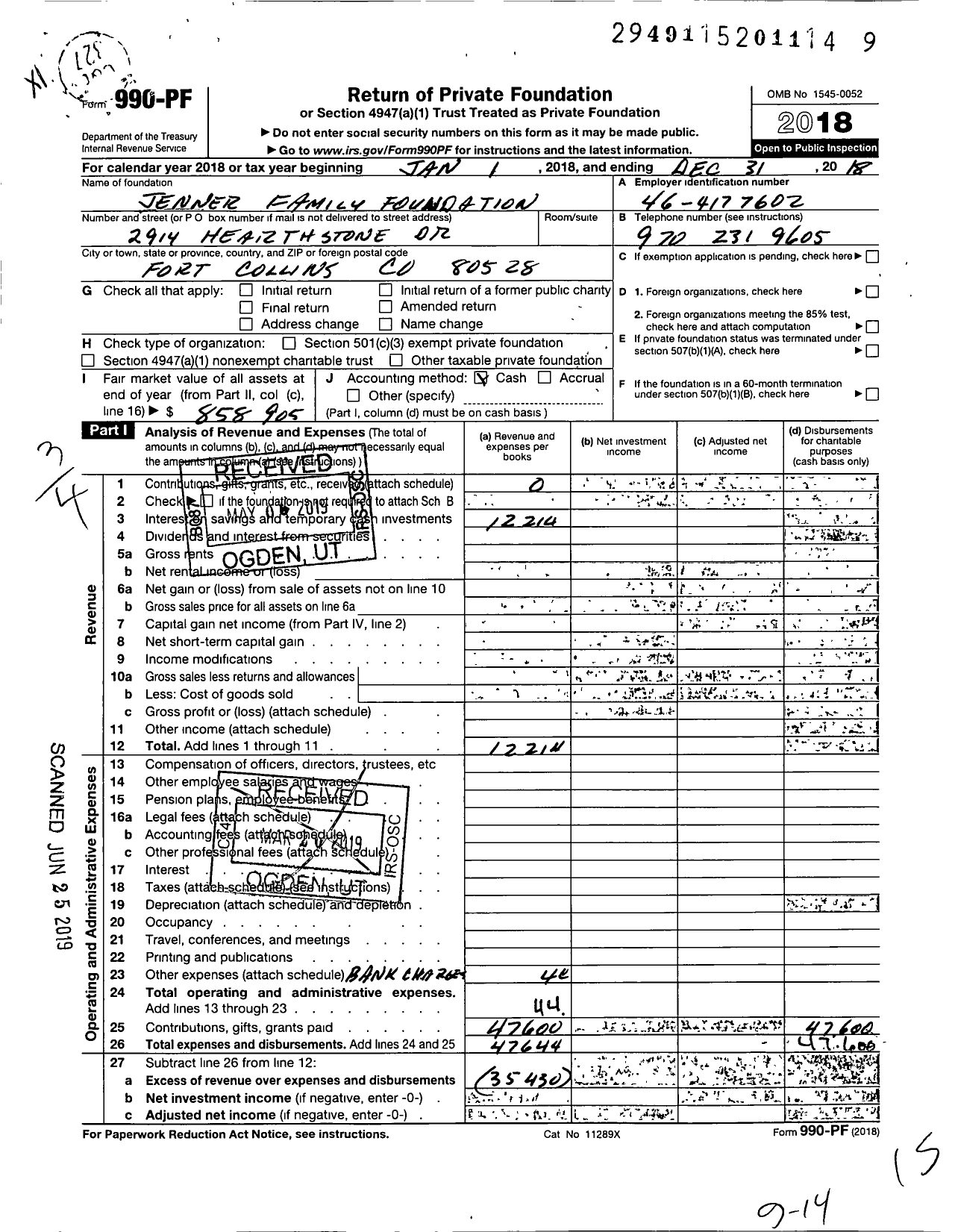 Image of first page of 2018 Form 990PF for Jenner Family Foundation