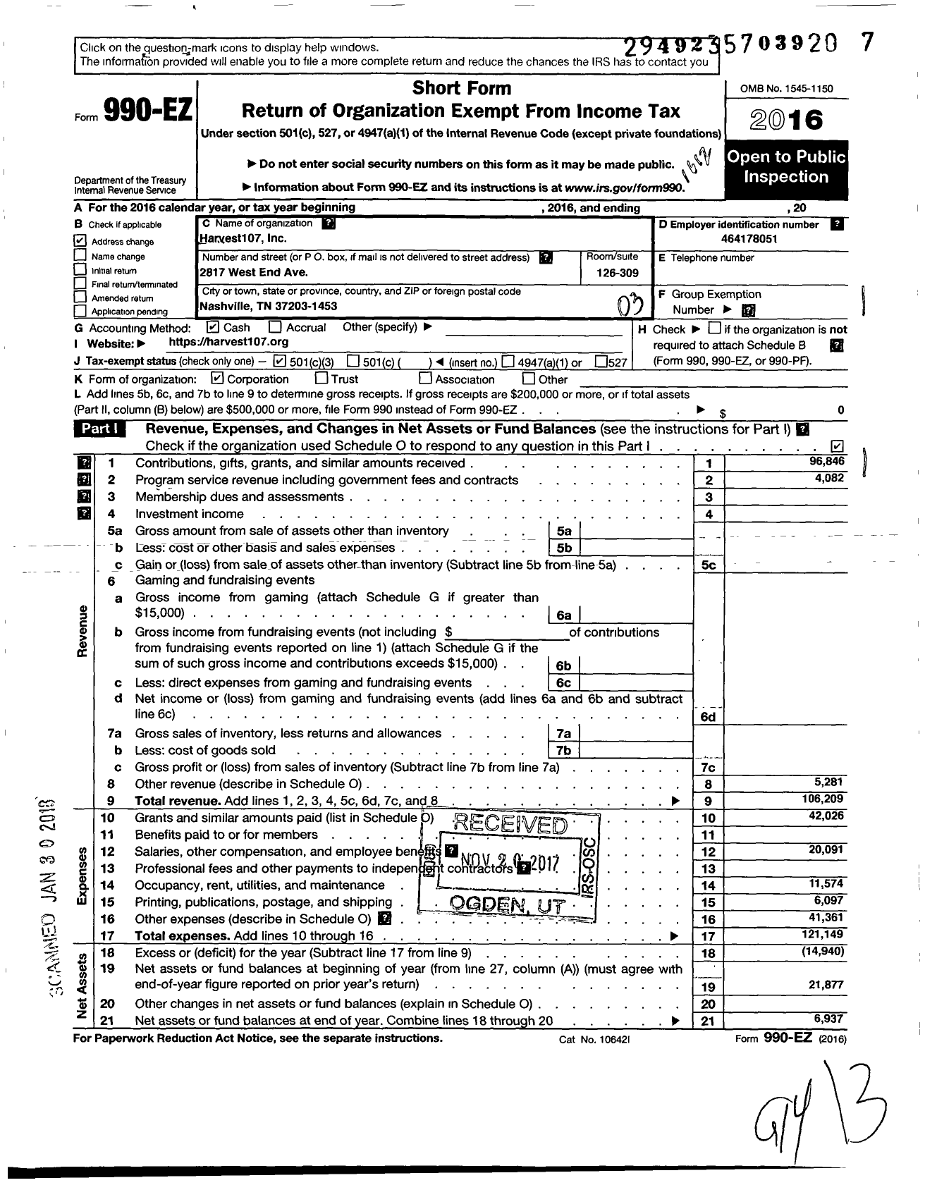 Image of first page of 2016 Form 990EZ for Harvest107