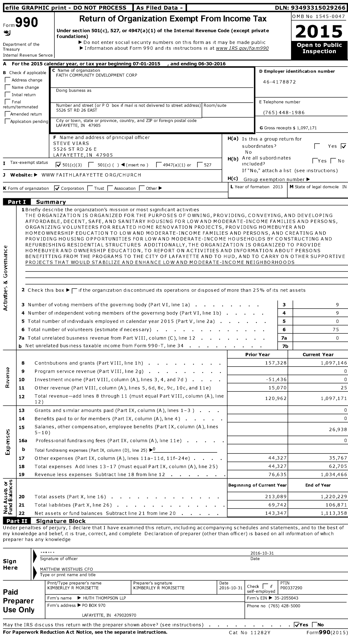 Image of first page of 2015 Form 990 for Faith Community Development Corporation