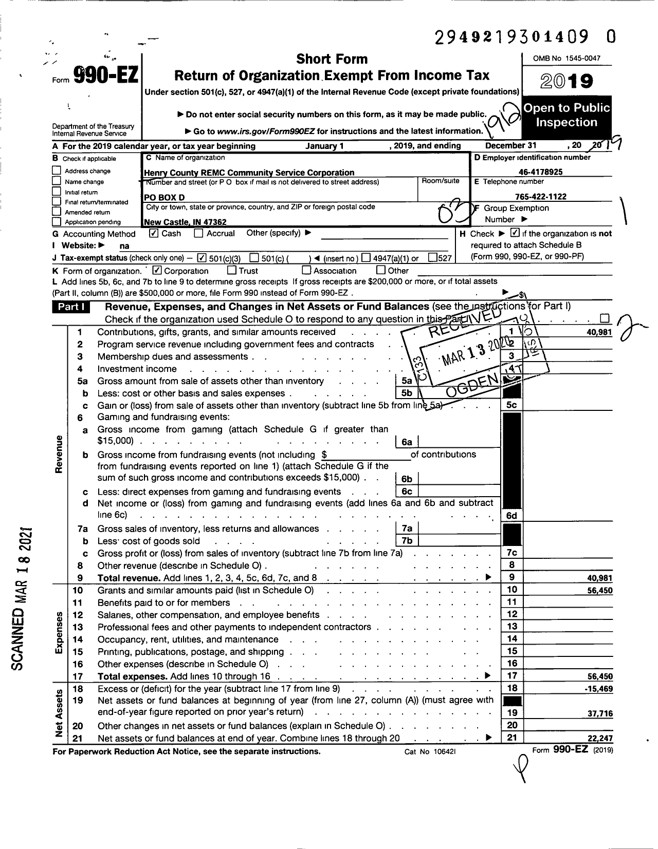Image of first page of 2019 Form 990EZ for Henry County Remc Community Service Corporation