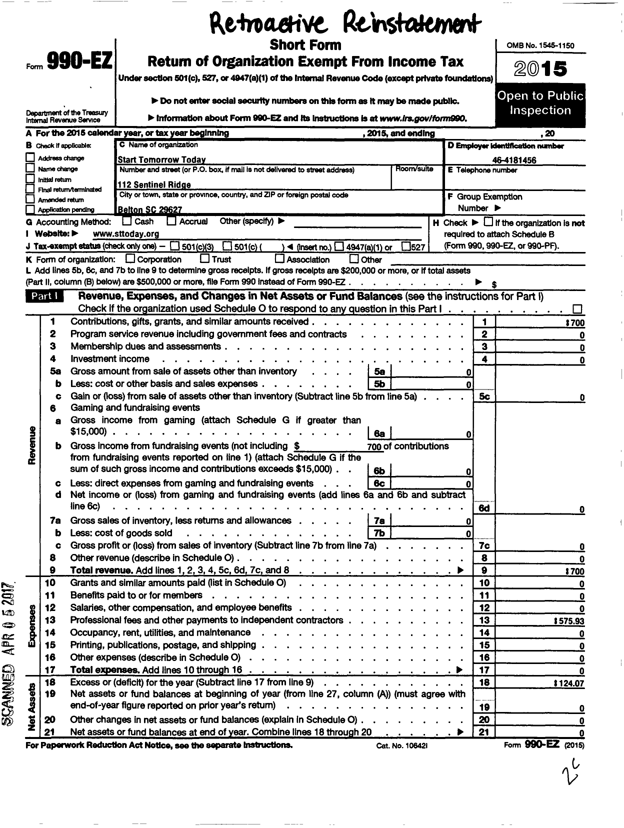 Image of first page of 2015 Form 990EO for Start Tomorrow Today