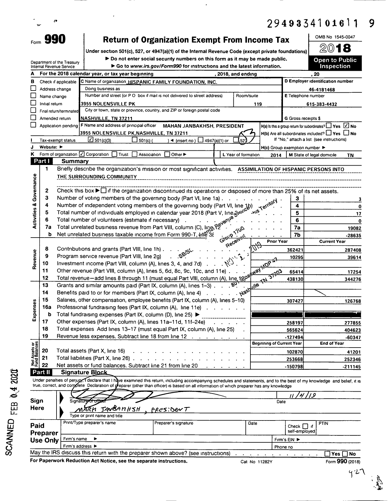 Image of first page of 2018 Form 990 for Hispanic Family Foundation