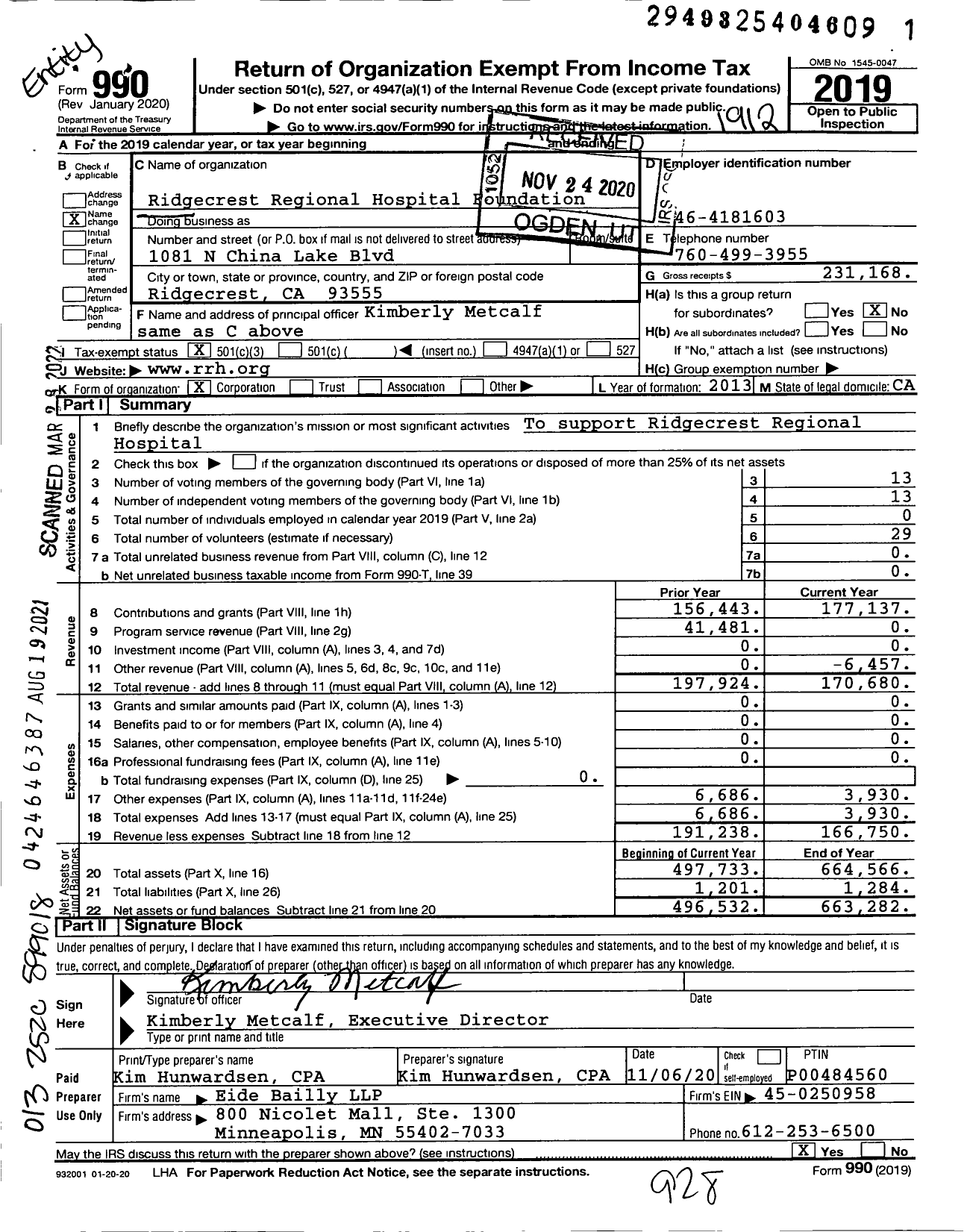 Image of first page of 2019 Form 990 for Ridgecrest Regional Hospital Foundation