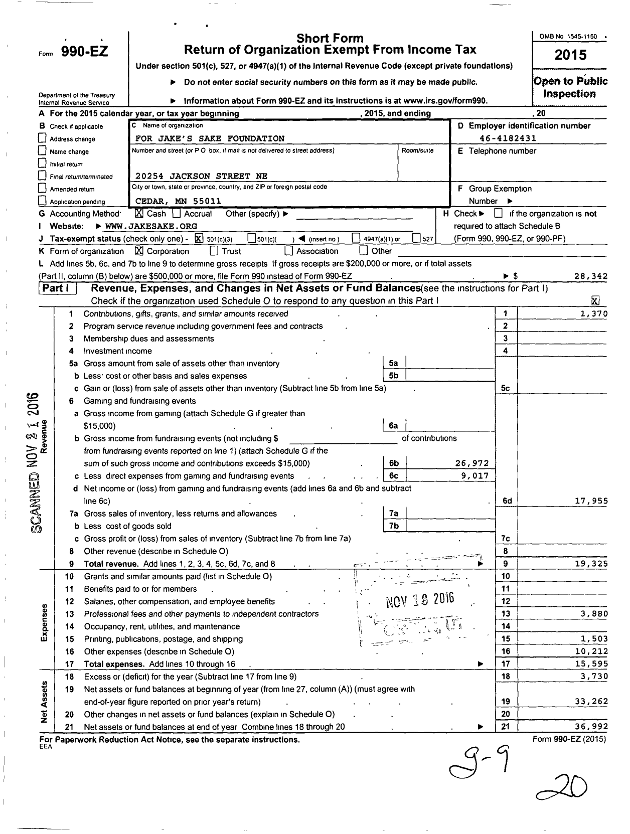 Image of first page of 2015 Form 990EZ for For Jakes Sake Foundation