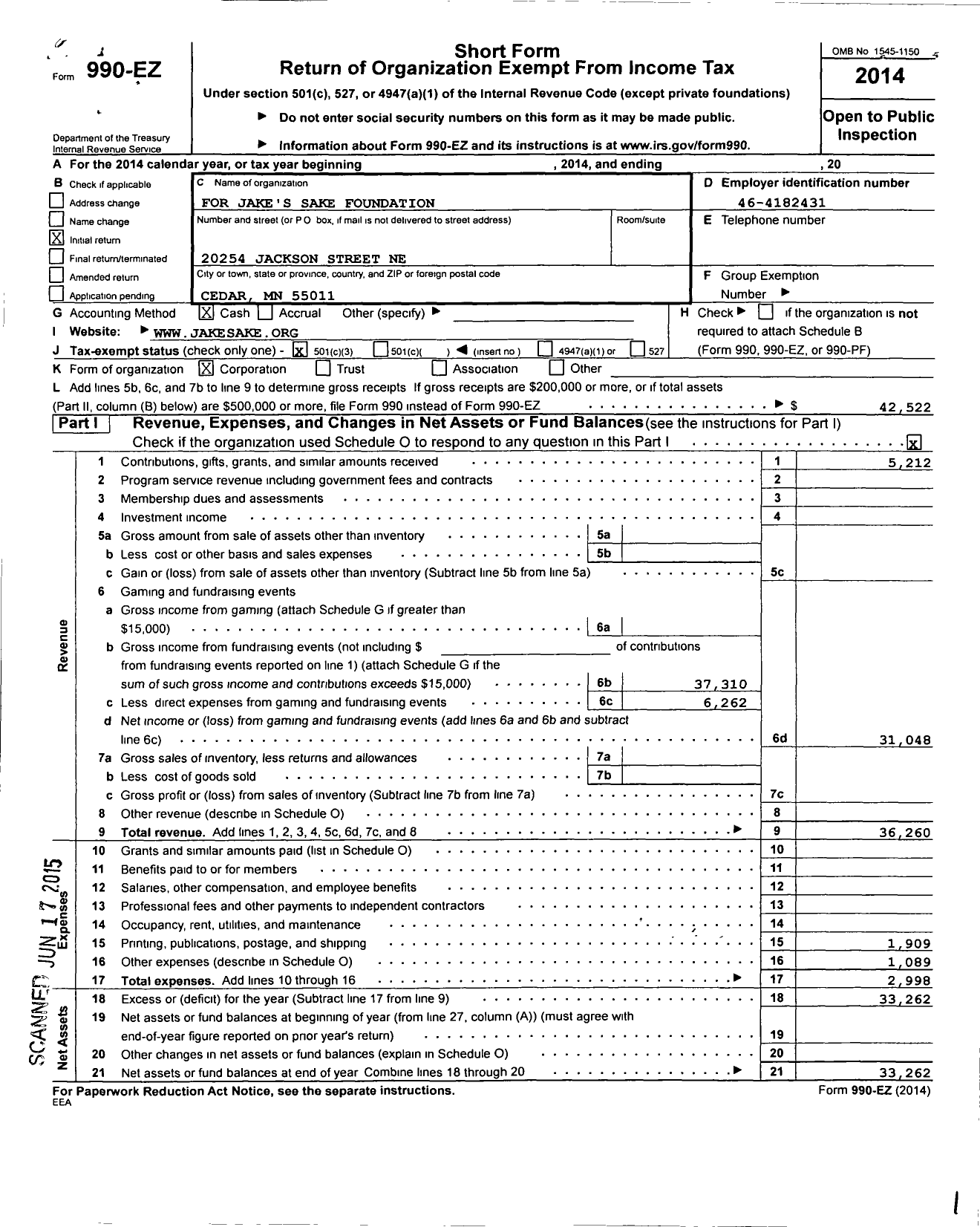 Image of first page of 2014 Form 990EZ for For Jakes Sake Foundation