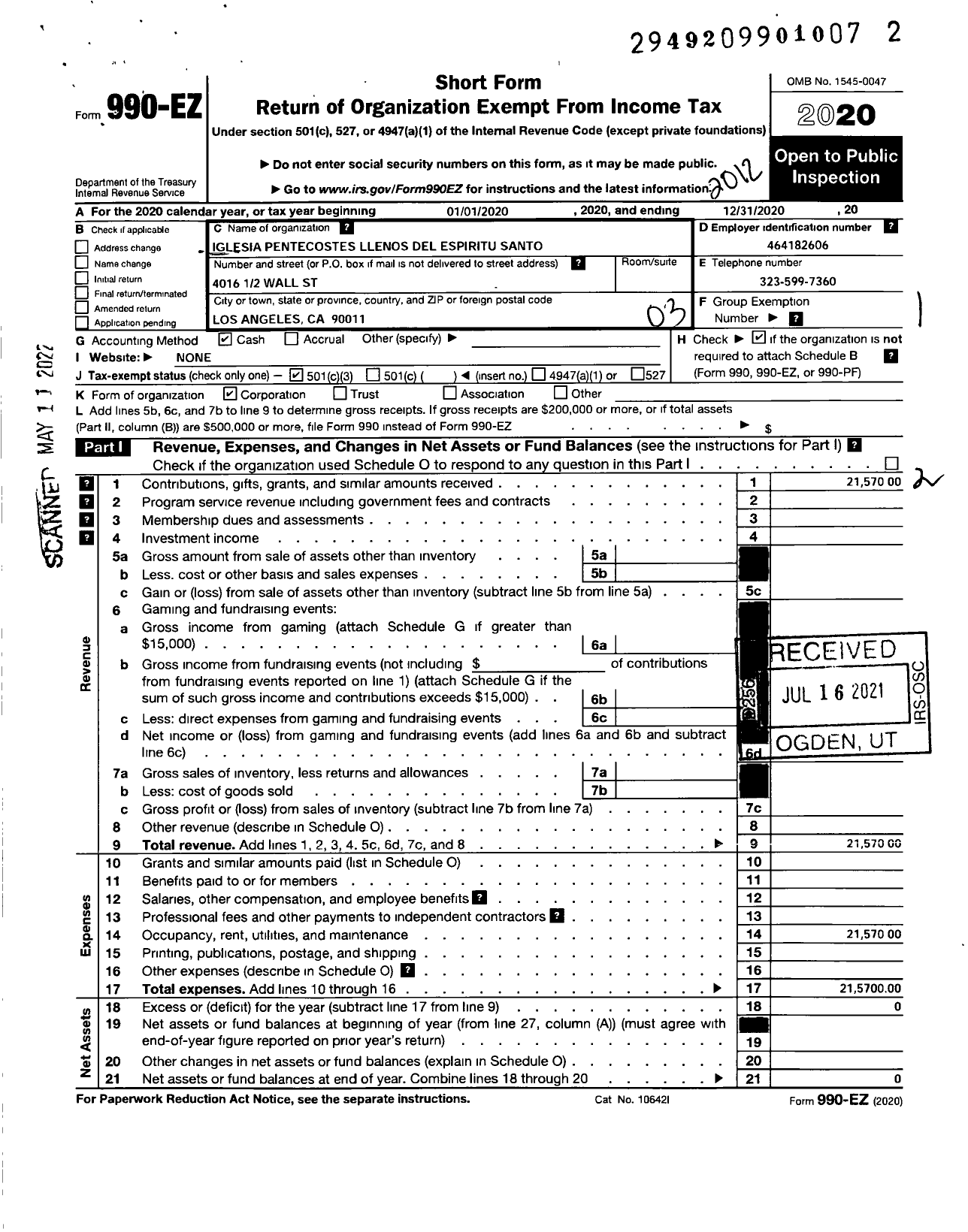 Image of first page of 2020 Form 990EZ for Iglesia Pentecostes Llenos Del Espiritu Santo