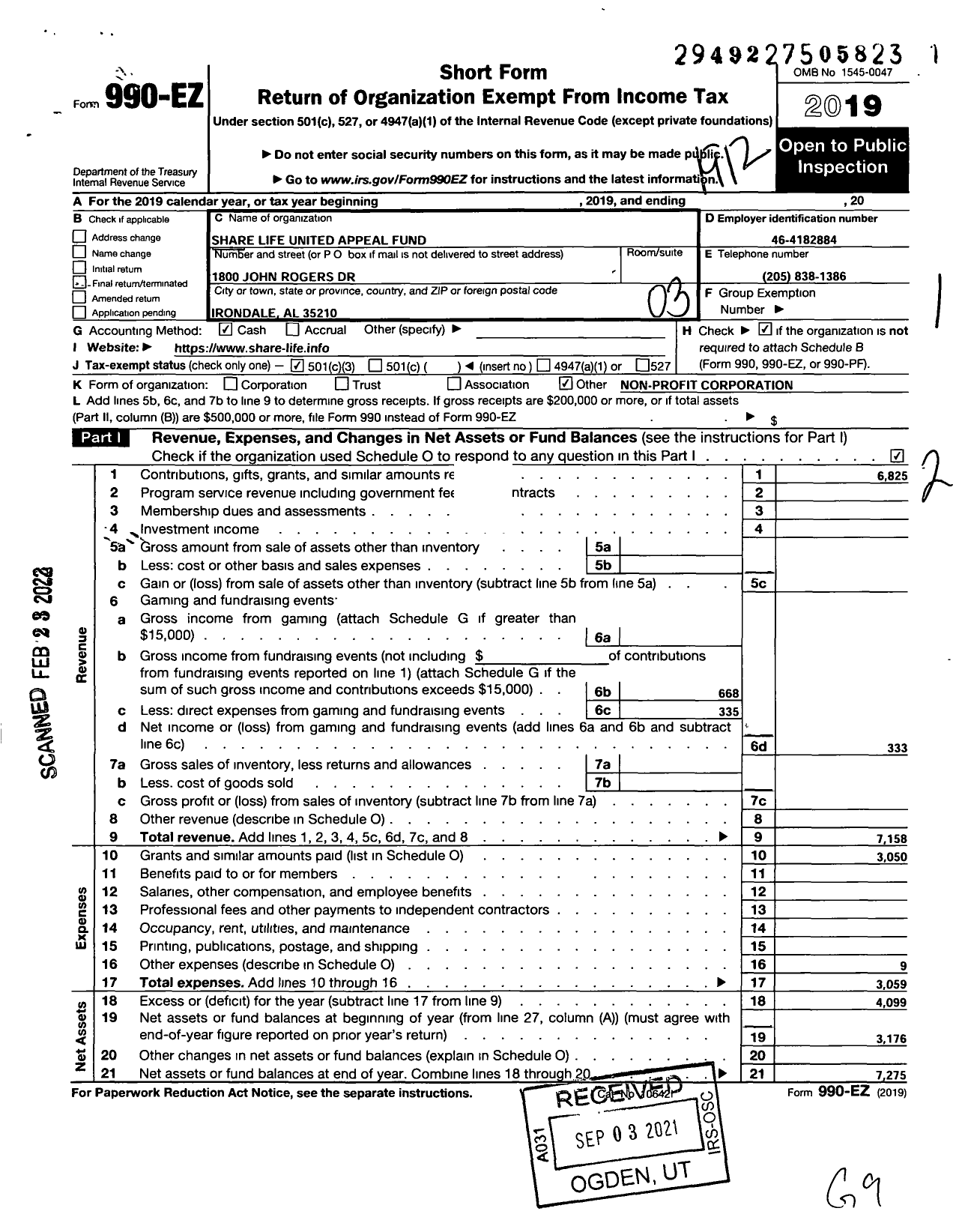 Image of first page of 2019 Form 990EZ for Share Life United Appeal Fund