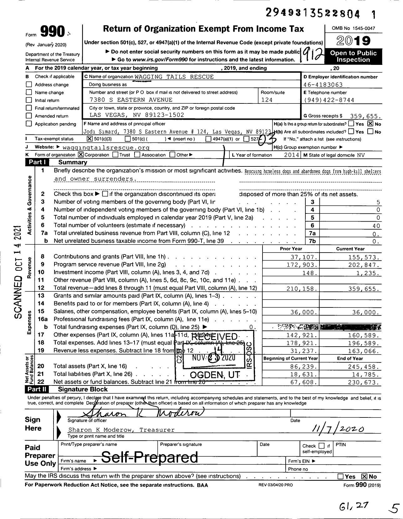 Image of first page of 2019 Form 990 for Wagging Tails Rescue