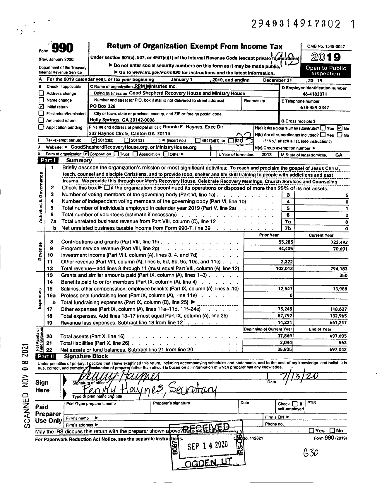 Image of first page of 2019 Form 990 for Good Shepherd Recovery House and Ministry House