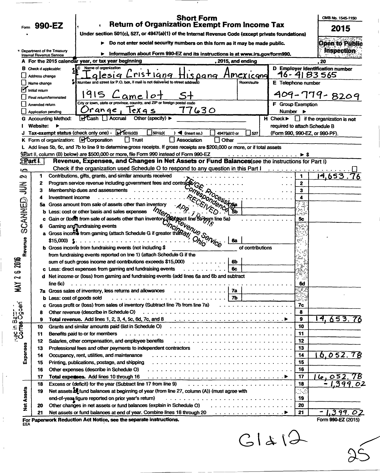 Image of first page of 2015 Form 990EZ for Iglesia Cristiana Hispana Amexicana