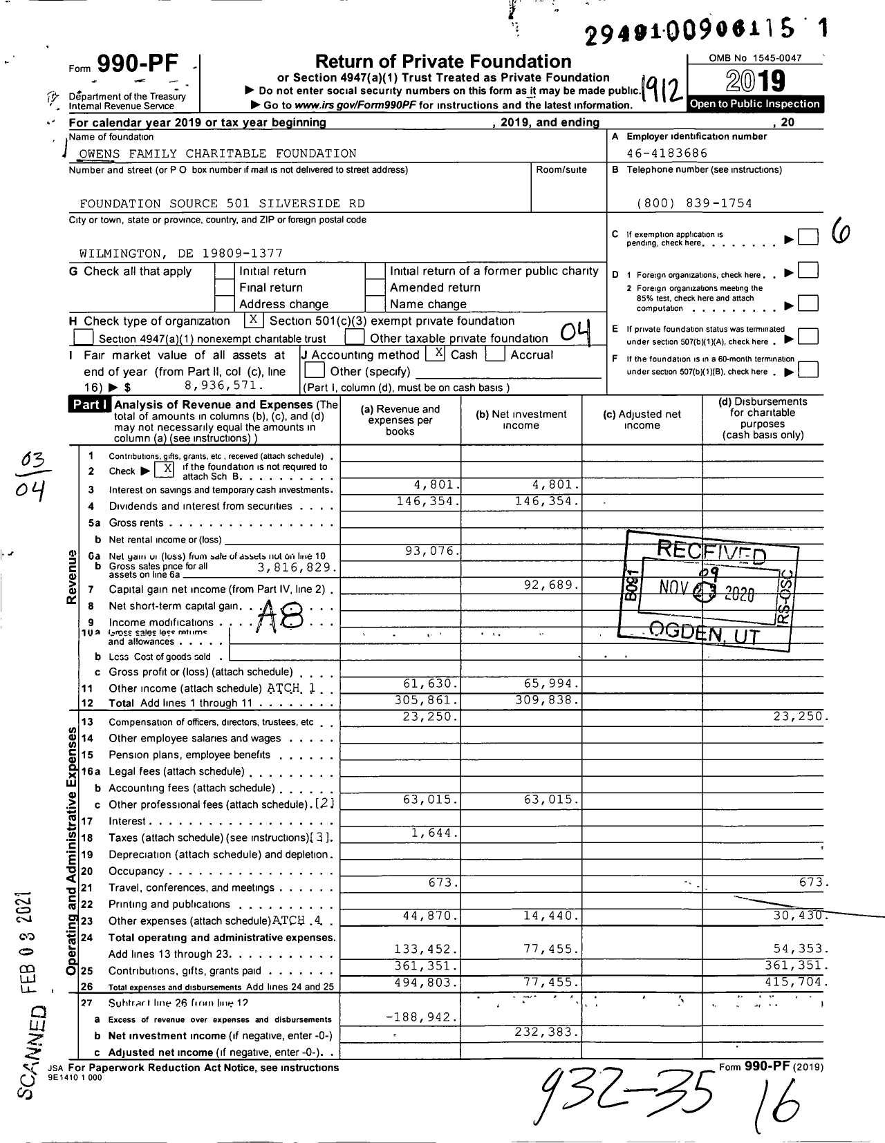 Image of first page of 2019 Form 990PF for Owens Family Charitable Foundation